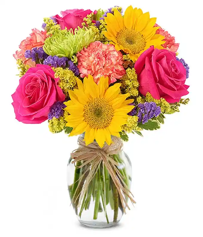 Summer Sunflower mixed bouquet with pink roses and green mums