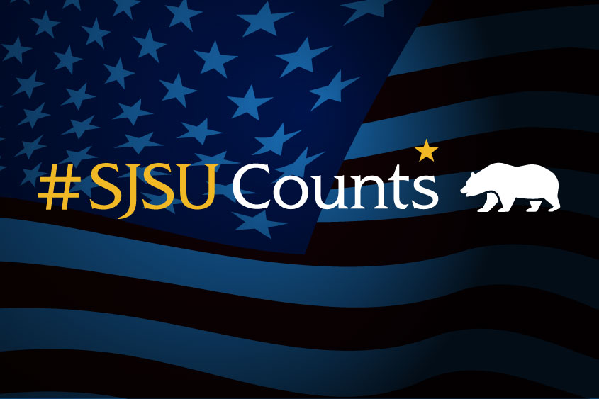 #SJSU Counts with California state bear graphic.