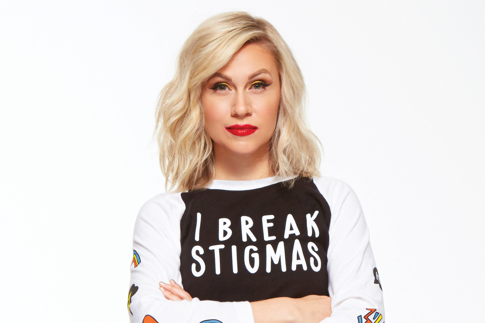 Ashley Eckstein wearing the 'I Break Stigmas Shirt' baseball t-shirt
