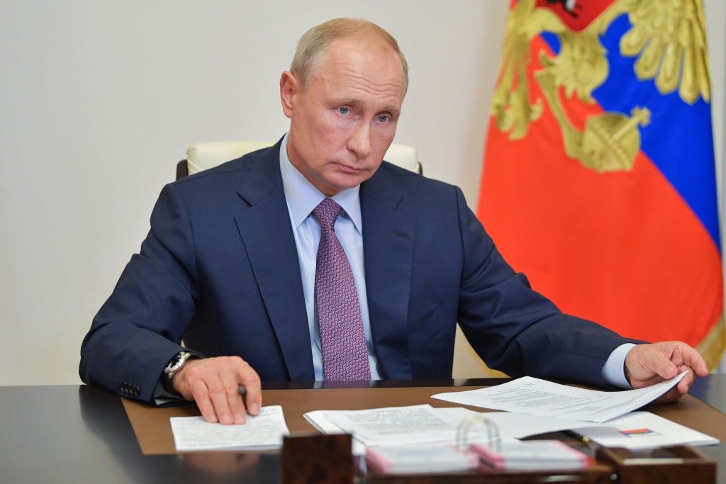 Russia's President Vladimir Putin holds a video conference meeting of the Pobeda [Victory] Russian Organizing Committee at Novo-Ogaryovo residence on July 2, 2020