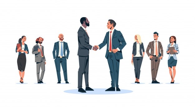 Businessmen handshake agreement concept mix race business men team leader hand shake international partnership communication cartoon character isolated flat full length horizontal