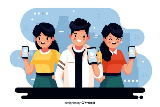 Colorful illustration of young people looking at their phones