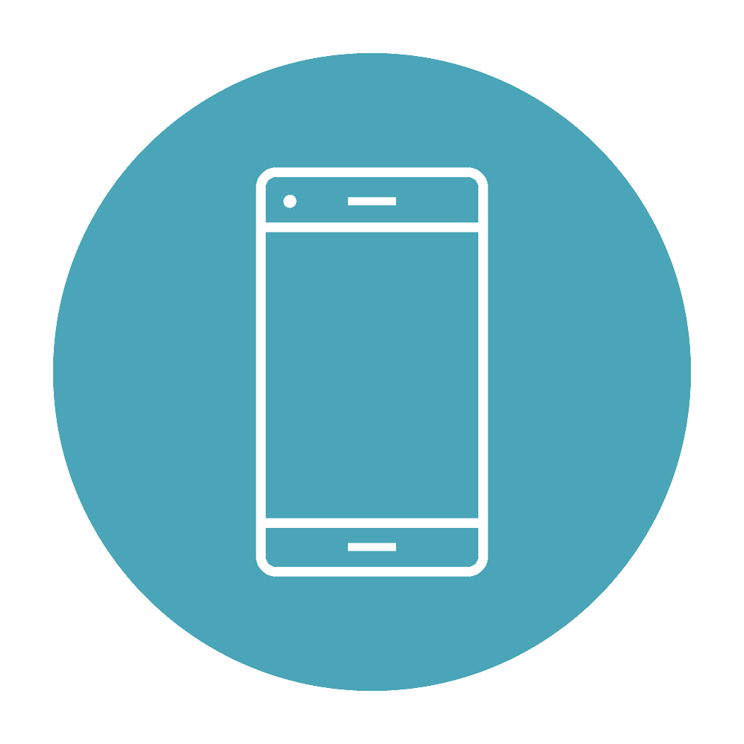 Circle icon with a blue background showing line art of a smartphone