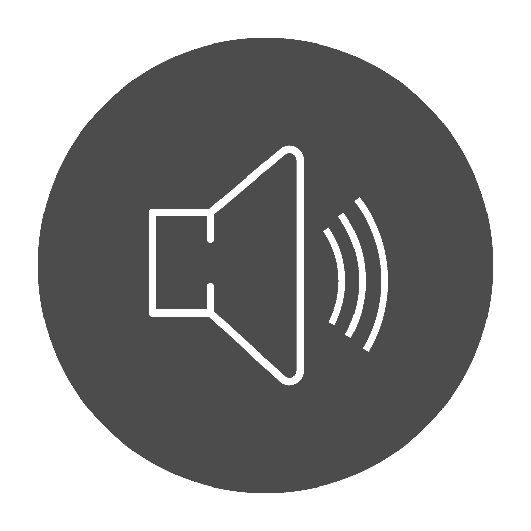 Circle icon with a gray background showing line art of a speaker with sound lines