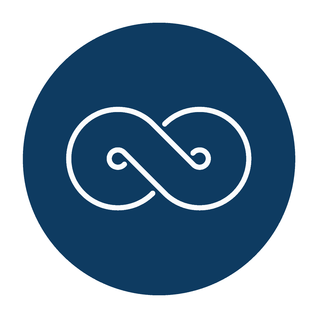 Circle icon with a navy blue background showing line art of an infinity sign