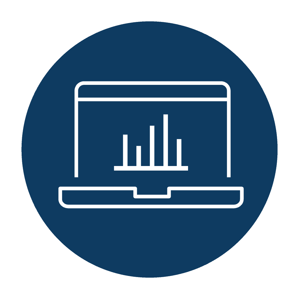 Circle icon with a navy blue background showing line art of a laptop with a graph