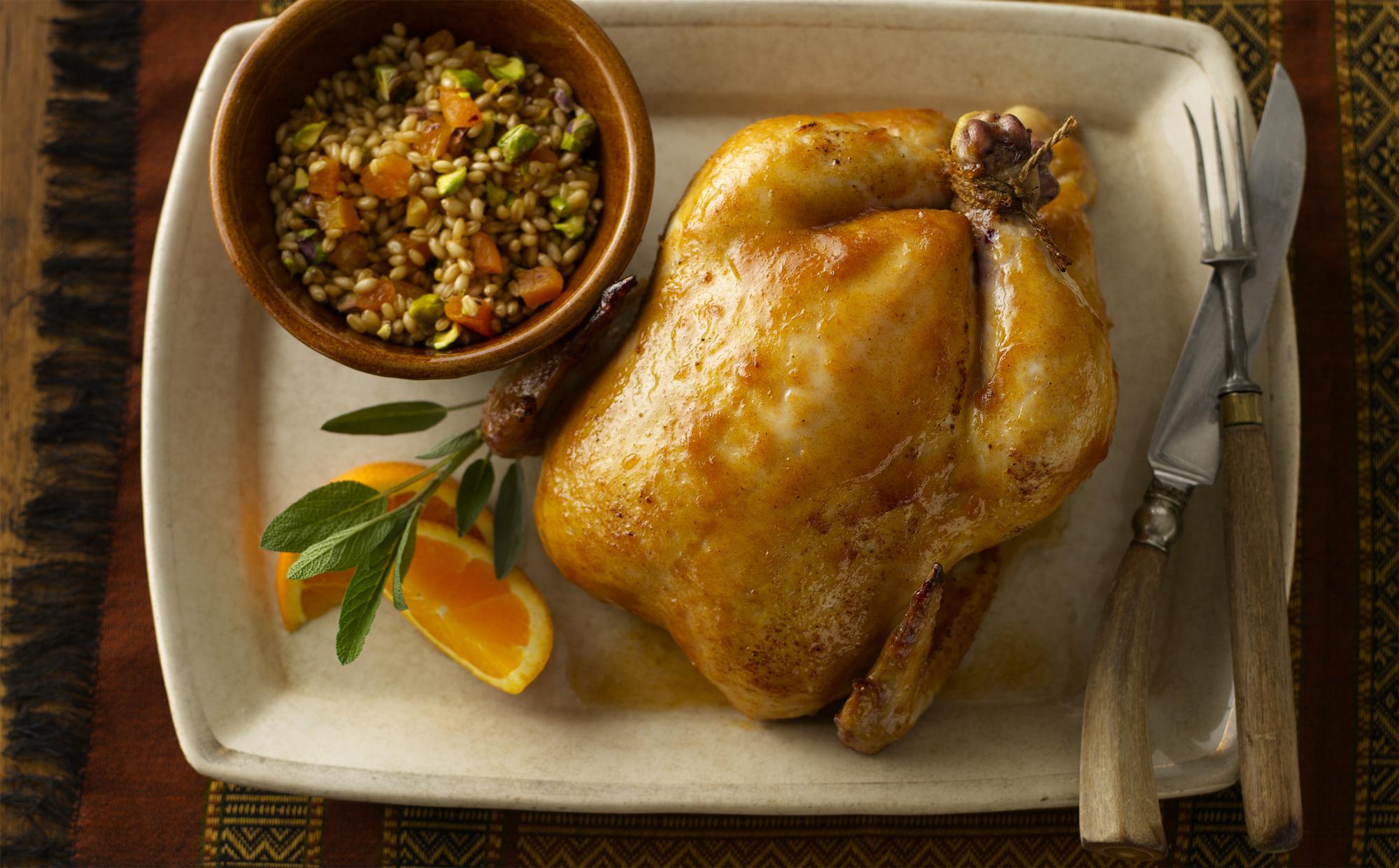 Image for Apricot Spiced Roast Chicken with Pistachio Wheat Berry Dressing