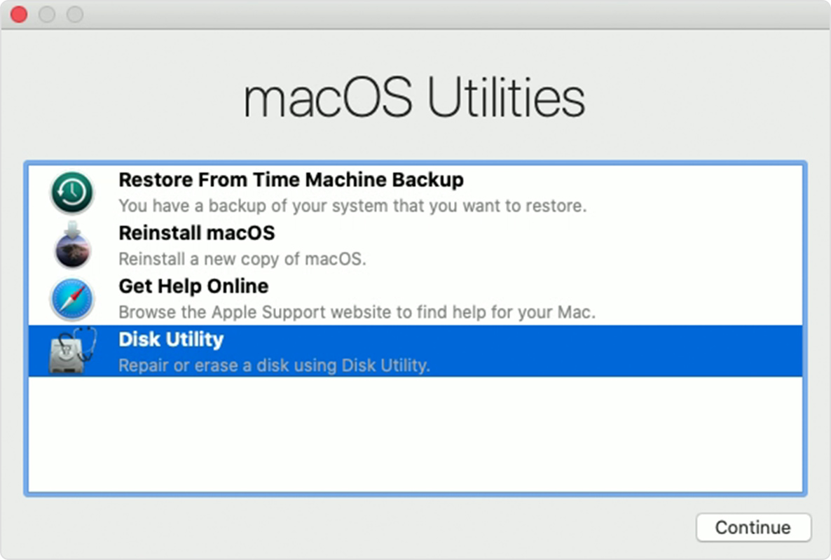 The macOS Utilities window in Recovery