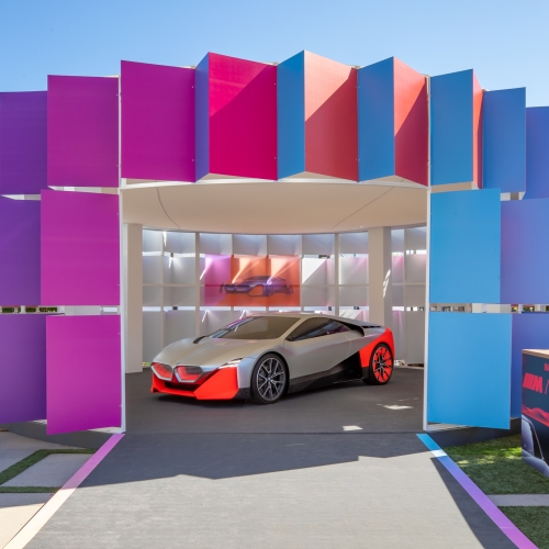 BWArchitects sets the stage for Vanity Fair's New Establishment Summit in LA. The featured design element is the BMW Vision pavilion, showcasing the M NEXT electric car in style.