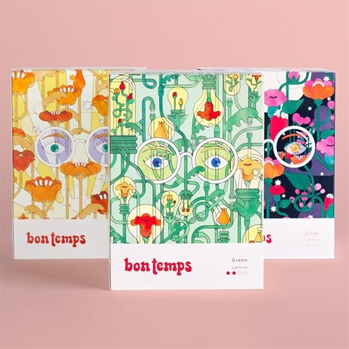 Bon Temps Tea - happy packaging illustrations for these non-toxic and plastic free teas. These tea bags are made out of non-GMO corn!