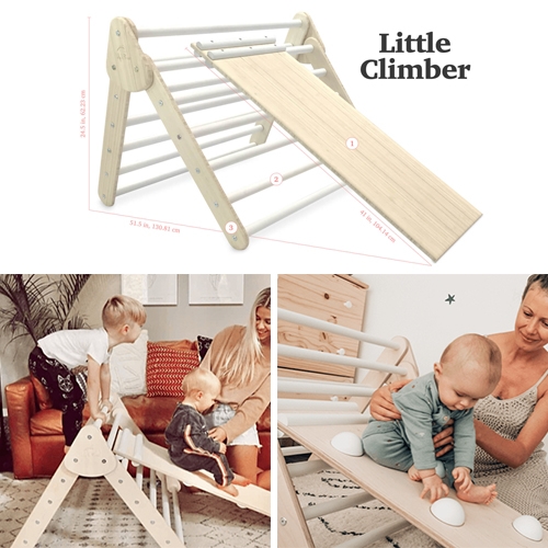 Lily & River Little Climber Pikler Triangle and Slide/Rock wall, for crawlers to 5 year olds. Impressed with the quality and details of this design (see vid at the bottom for a peek in their factory.) This has been a game changer for our NOToddler!