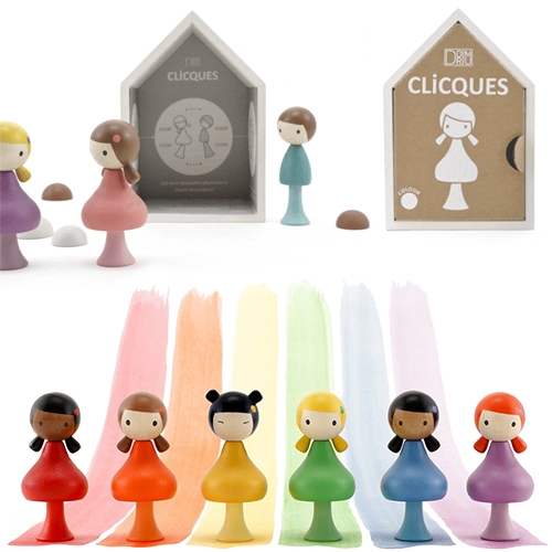 Cliques wooden peg dolls in such cute packaging! Each has three elements that are held together with tiny magnets to mix and match and come in house-shaped boxes that can be customized with beautiful backgrounds.