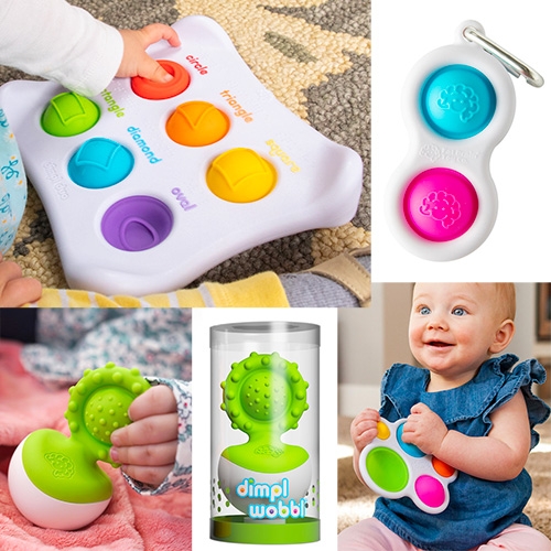 The Dimpl Collection from Fat Brain Toys are perfect for babies (and as all ages fidget toys!) There's something so satisfying about pushing the silicone dimpl "buttons"... and the latest Dimpl Wobbl is mesmerizingly fun for babies.