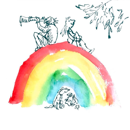 Quentin Blake has lots of e-cards! And he's just added a series of rainbow ones for your friends that need a little happy boost. (Also check out the coloring pages.)