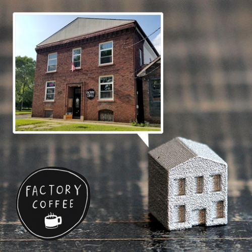 Factory Coffee in Kalamazoo is located in an old pattern shop that made wooden casting patterns and cast aluminum parts for folks like Gibson Guitar... and they had the grandson's factory make them adorable aluminum Monopoly Pieces of their BUILDING!