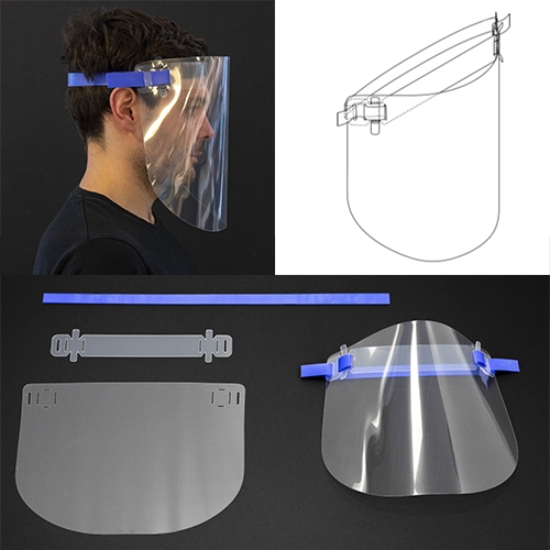Foster + Partners prototype design for a Reusable Face Visor. All parts are laser cut - the 0.5mm optically clear PETG, an interlocking soft PP headband, and a surgical silicone rubber head strap. It is designed to be easily sterilized and reused.