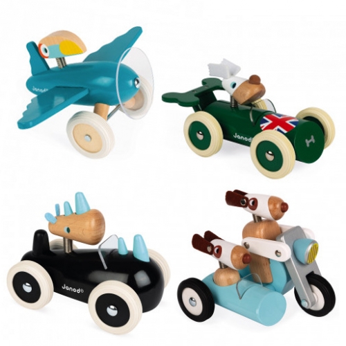 Janod Spirit collection of animal racers made of wood, beautifully painted, and their springy necks let their heads bounce as you race around.