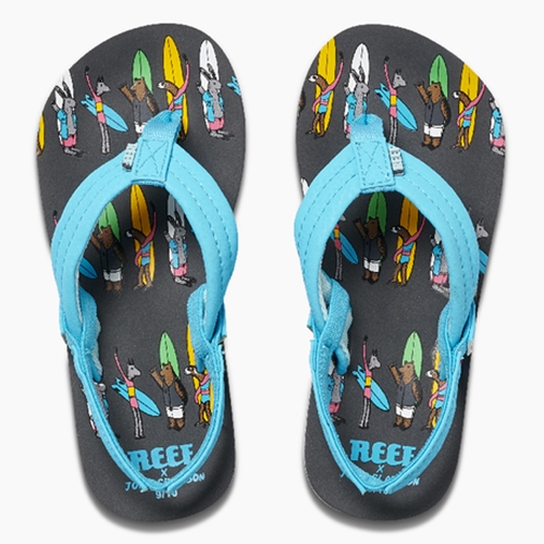 Jonas Claesson for Reef (KIDS!) - 4 adorably illustrated surfer creature printed flip flops for big kids and tiny kids.