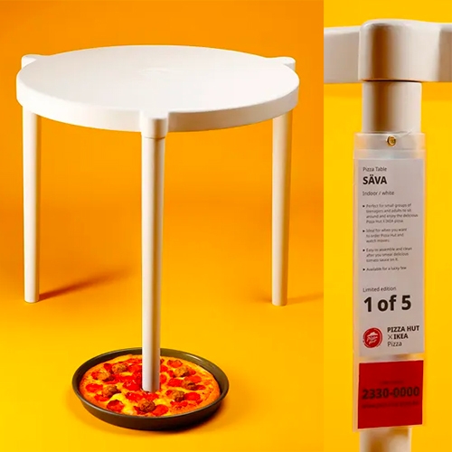 IKEA x Pizza Hut Säva table - on surprising collaborations, IKEA Hong Kong has created a limited edition table that is a giant version of those tiny "pizza savers" that come in pizza boxes.