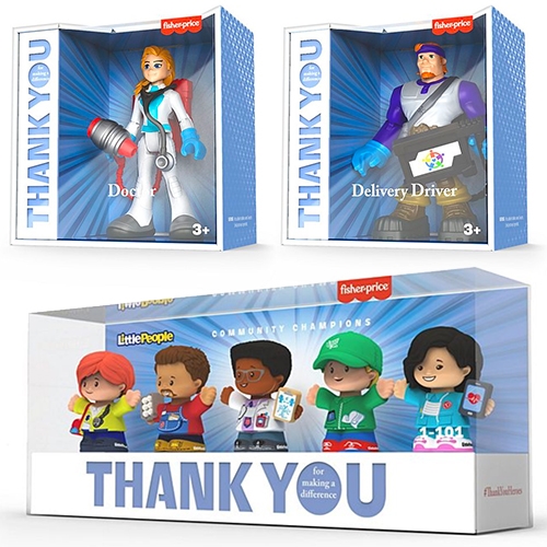 Mattel 'Thank You Heroes' collections of superhero (doctors, nurses, delivery drivers, EMTs) and 'Community Champions' set of Little People (a doctor, a nurse, an emergency medical technician, a delivery driver and a grocery store worker)