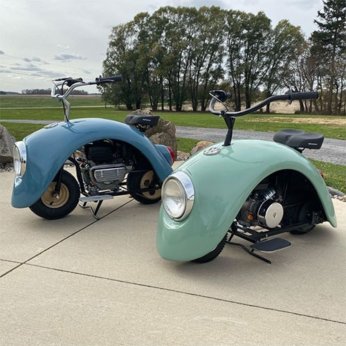 Brent Walter's Volkspods are the cutest little bikes made from Volkswagen Bug parts!