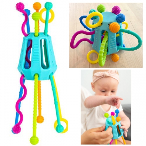 Mobi Zippee - a silicone fidget/baby toy for 6 months and up. So many textures and areas to teeth on, surfaces to grip, and ways to push and pull while developing and fine tuning motor skills. 